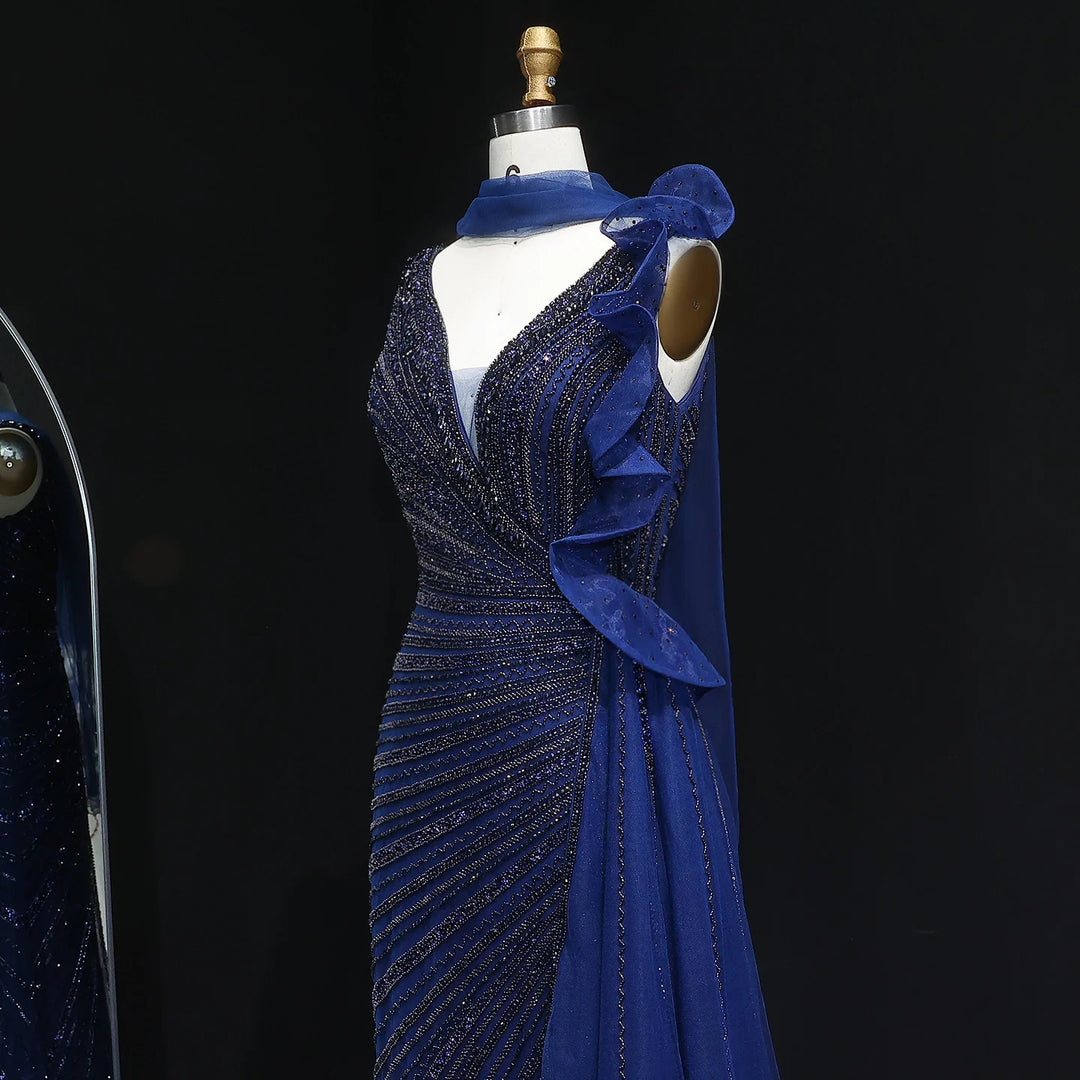 Luxury Burgundy Mermaid Evening Dress with Sparkling Beads, Scarf and Overskirt SS189