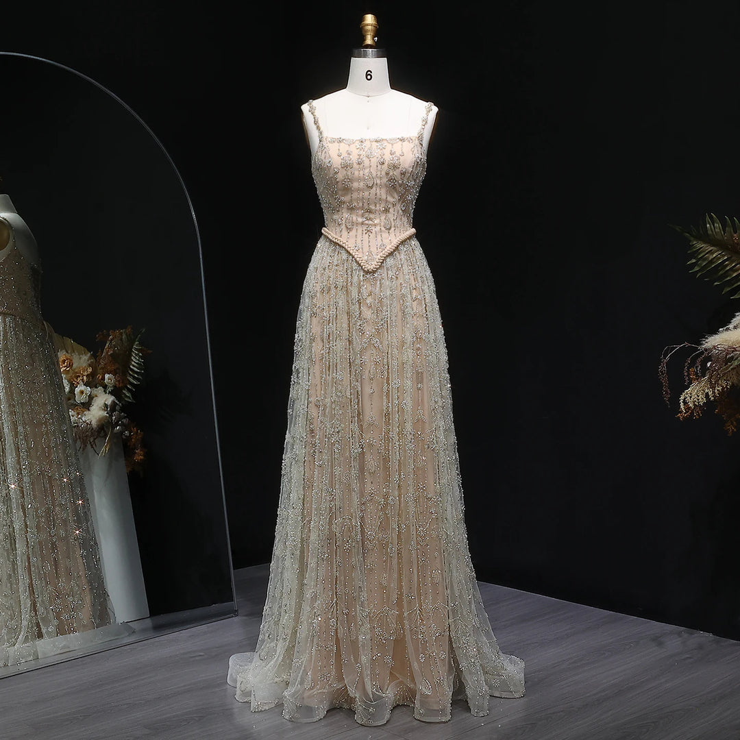 Elegant Sage Green Luxury Evening Dress with Spaghetti Straps SS693