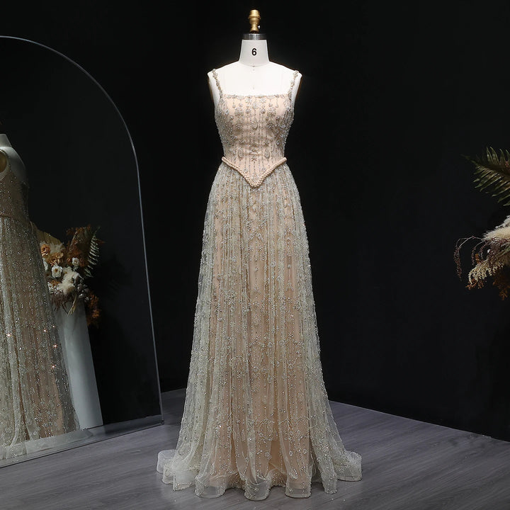 Elegant Sage Green Luxury Evening Dress with Spaghetti Straps SS693