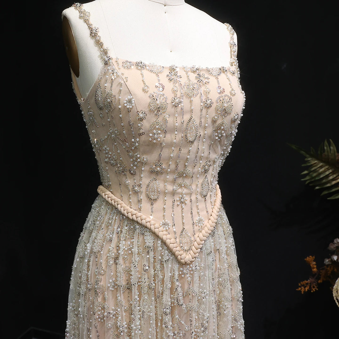 Elegant Sage Green Luxury Evening Dress with Spaghetti Straps SS693