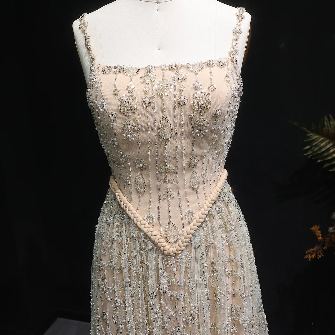 Elegant Sage Green Luxury Evening Dress with Spaghetti Straps SS693