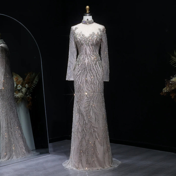 Luxury Nude Beaded Long Sleeve Evening Dress SS623