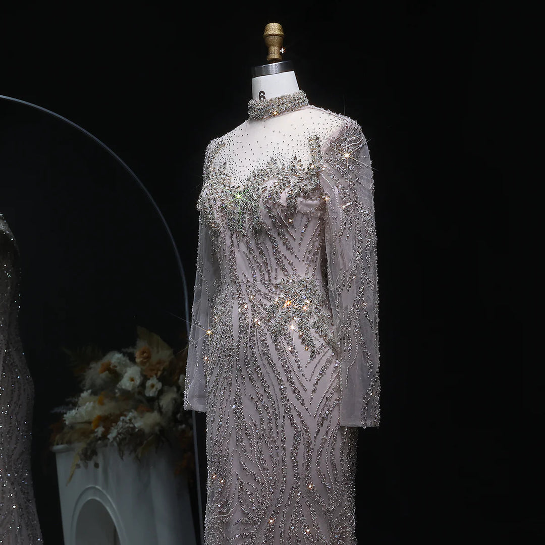 Luxury Nude Beaded Long Sleeve Evening Dress SS623