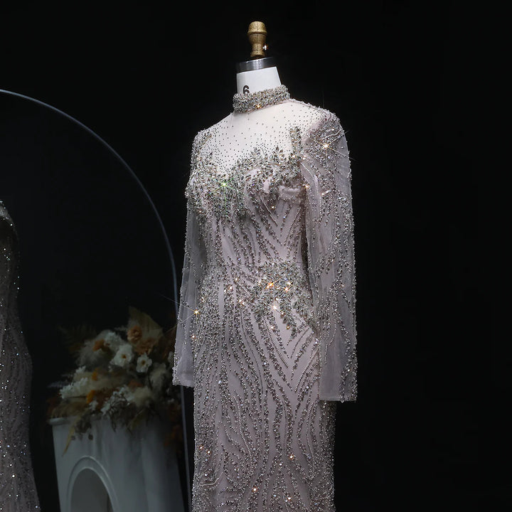 Luxury Nude Beaded Long Sleeve Evening Dress SS623