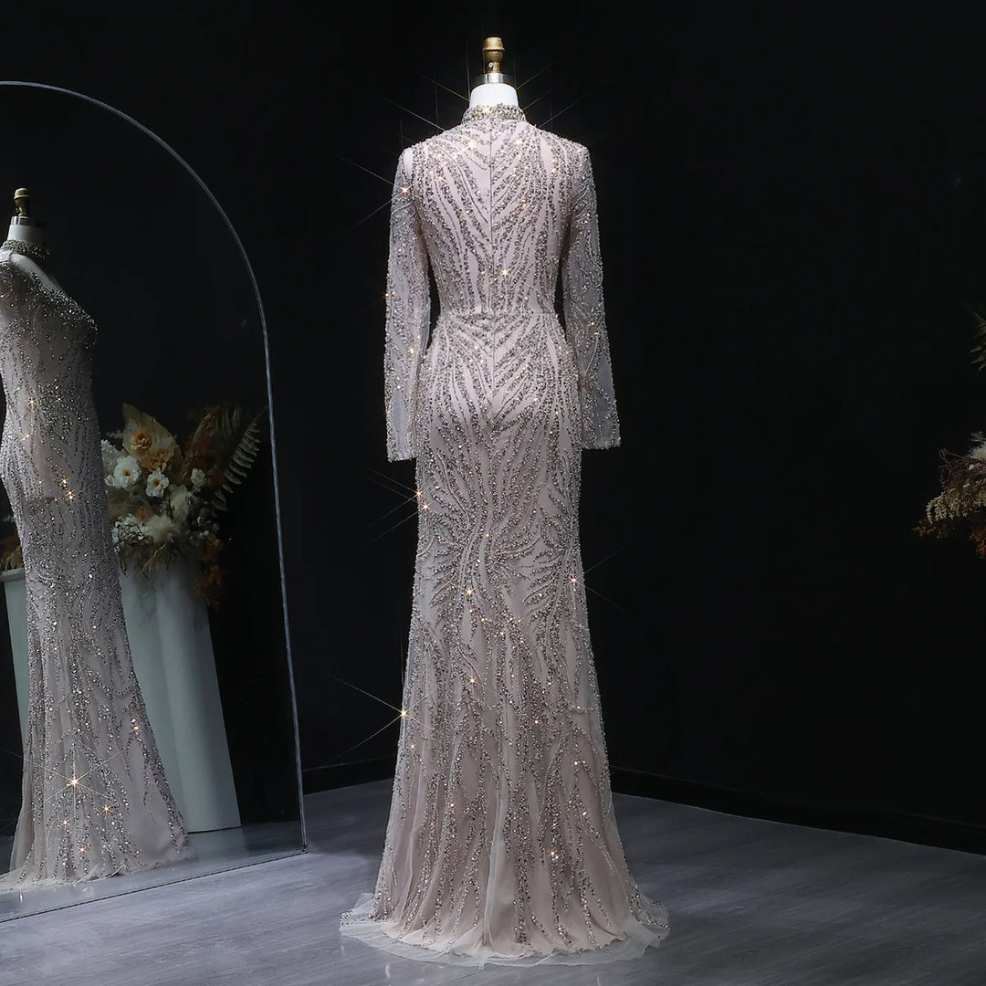 Luxury Nude Beaded Long Sleeve Evening Dress SS623