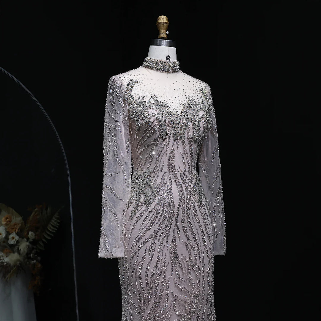 Luxury Nude Beaded Long Sleeve Evening Dress SS623