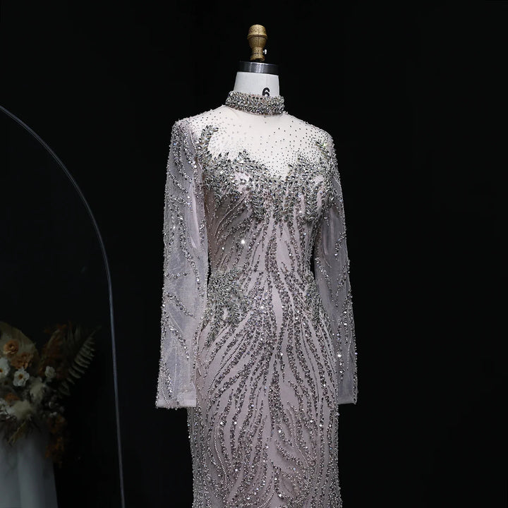 Luxury Nude Beaded Long Sleeve Evening Dress SS623