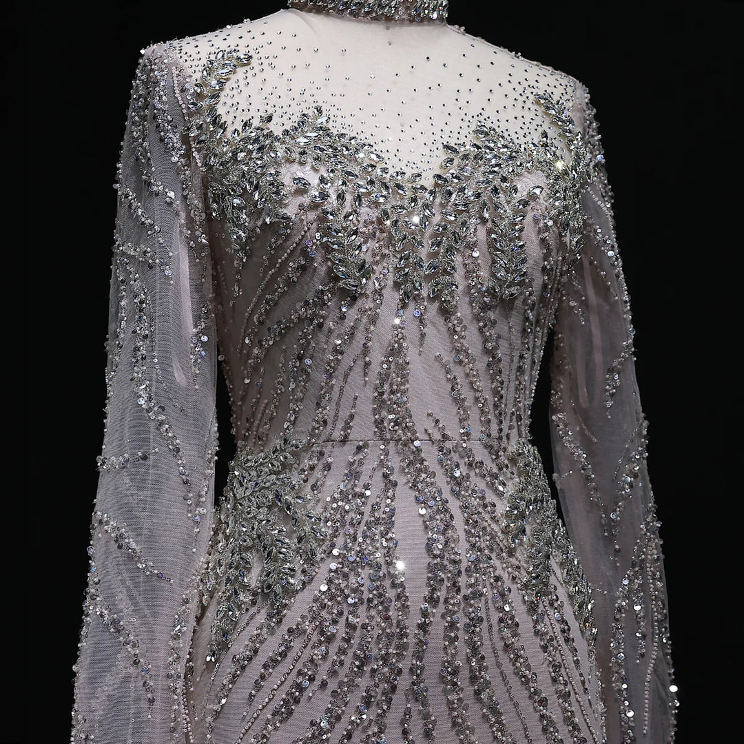 Luxury Nude Beaded Long Sleeve Evening Dress SS623