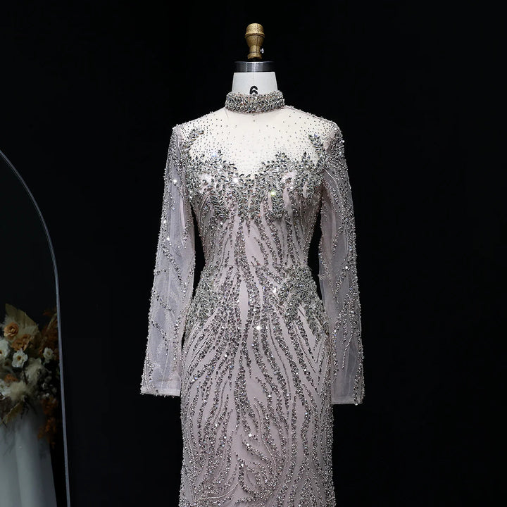 Luxury Nude Beaded Long Sleeve Evening Dress SS623