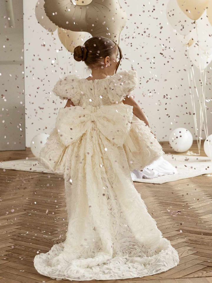 Off White 3D Rose High-Low Girls Ceremony Dress M086