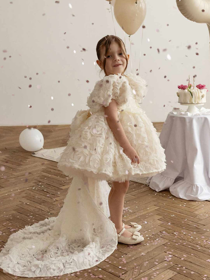 Off White 3D Rose High-Low Girls Ceremony Dress M086