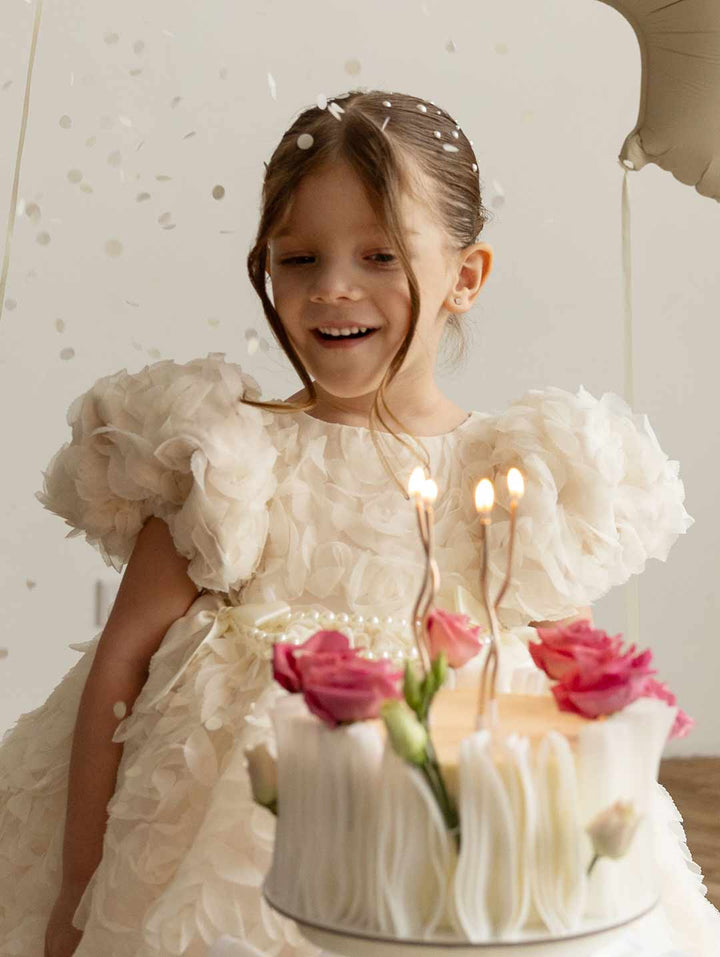 Off White 3D Rose High-Low Girls Ceremony Dress M086