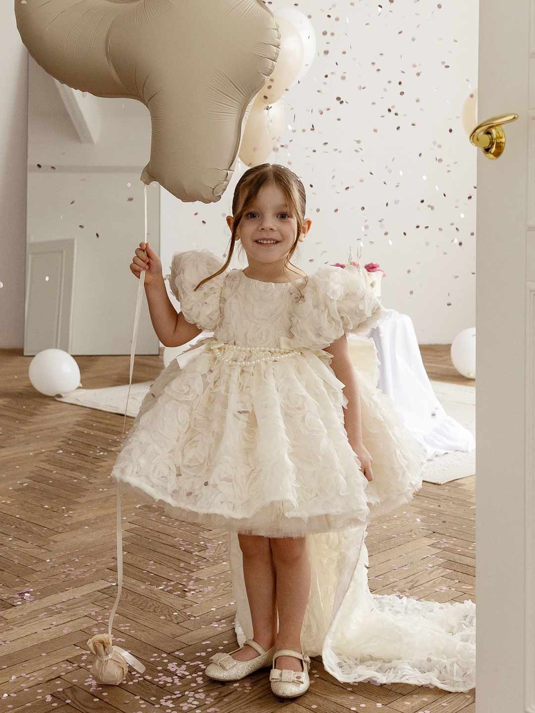 Off White 3D Rose High-Low Girls Ceremony Dress M086