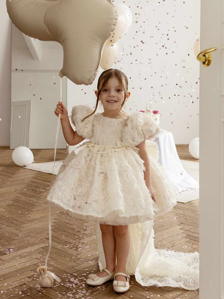 Off White 3D Rose High-Low Girls Ceremony Dress M086