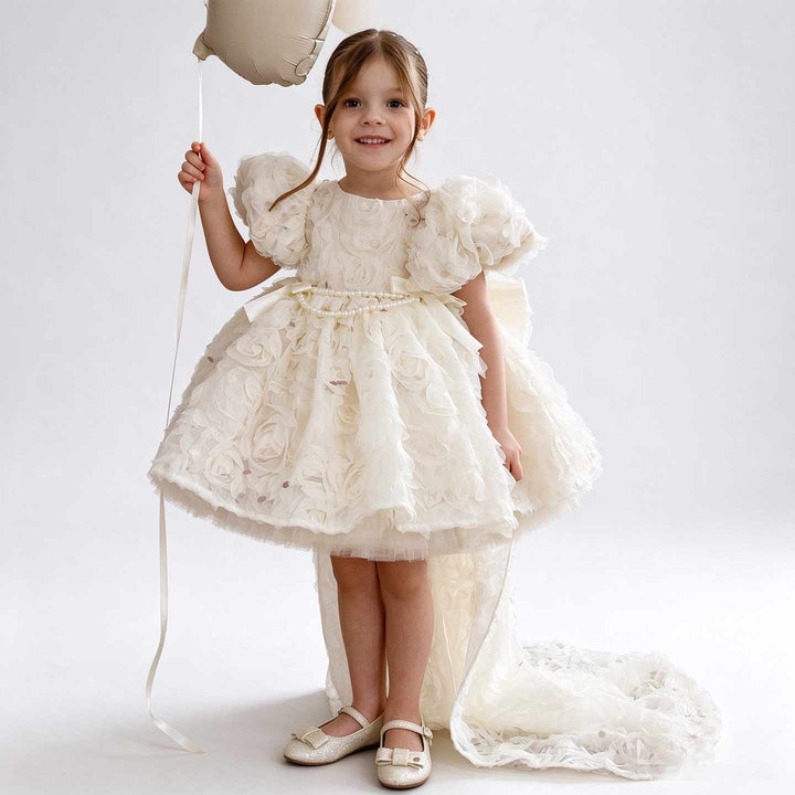 Off White 3D Rose High-Low Girls Ceremony Dress M086