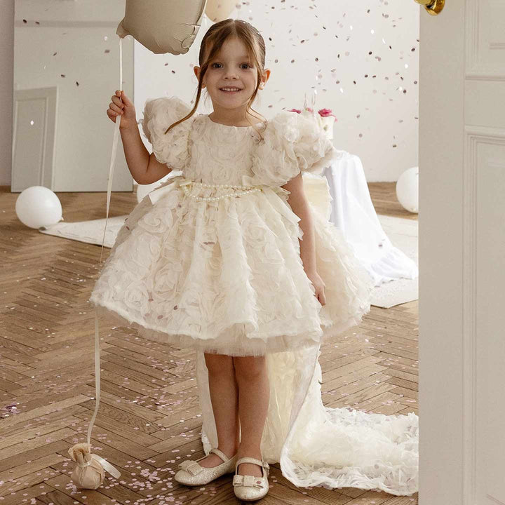 Off White 3D Rose High-Low Girls Ceremony Dress M086