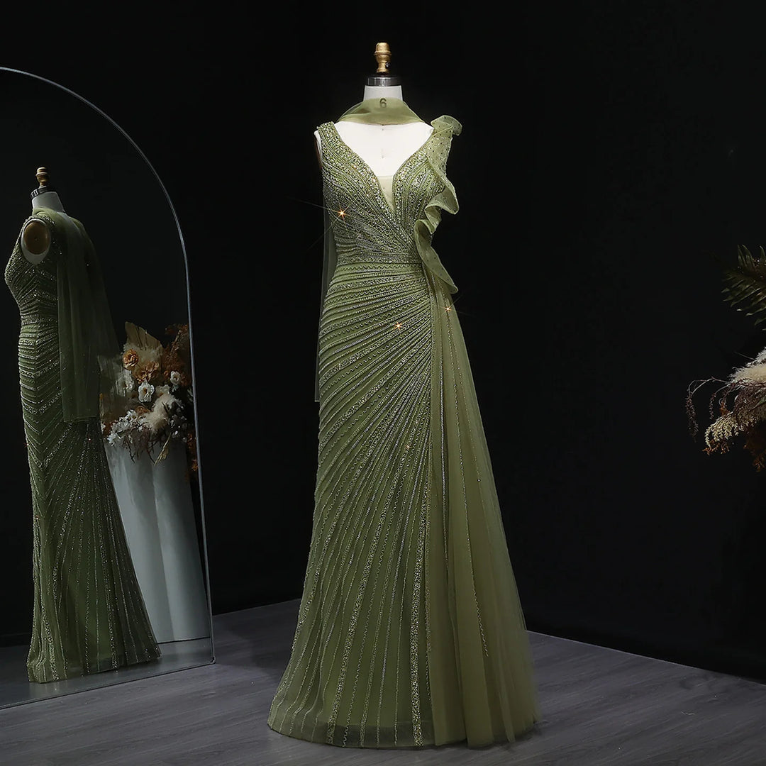 Luxury Burgundy Mermaid Evening Dress with Sparkling Beads, Scarf and Overskirt SS189