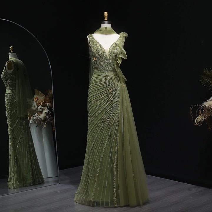 Luxury Burgundy Mermaid Evening Dress with Sparkling Beads, Scarf and Overskirt SS189