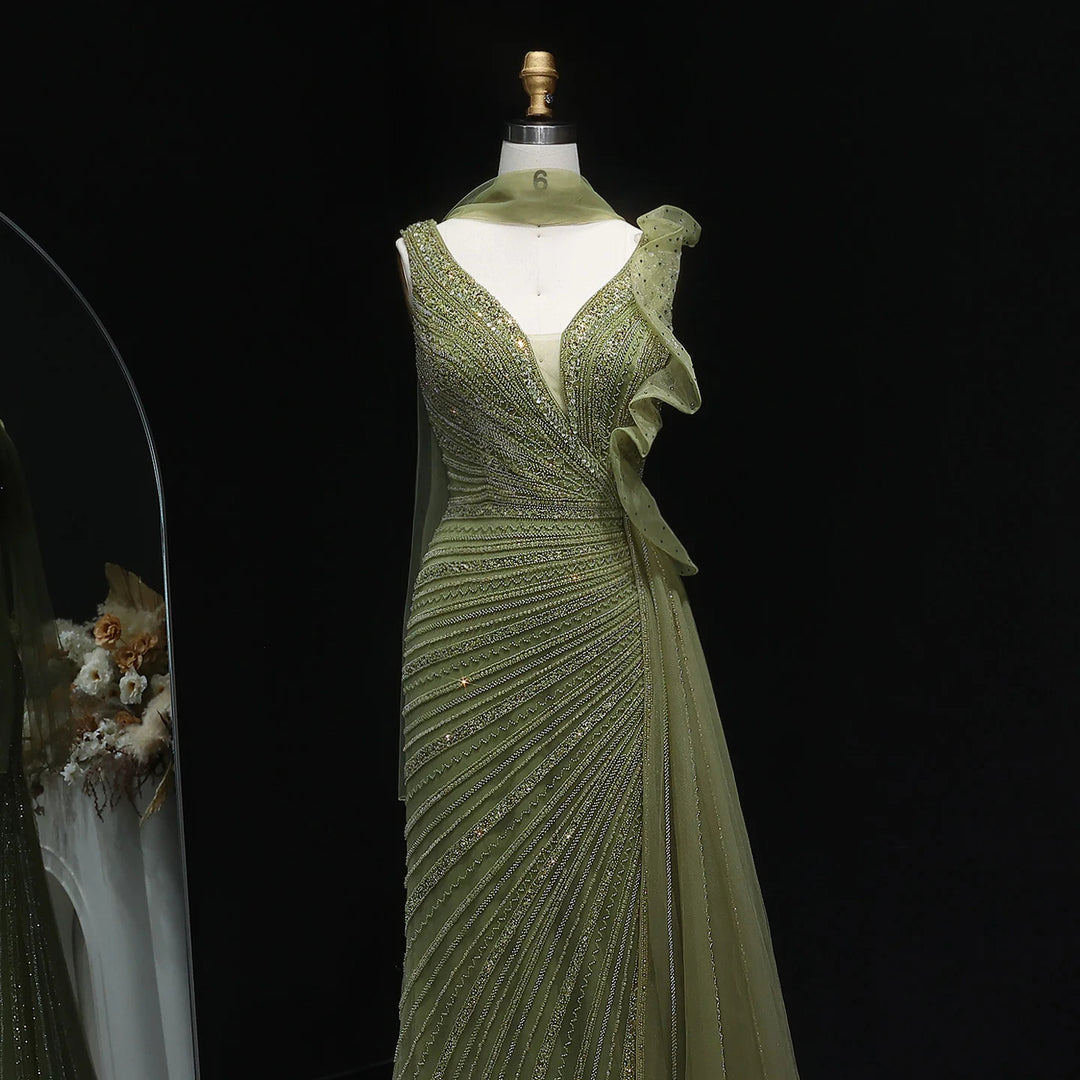 Luxury Burgundy Mermaid Evening Dress with Sparkling Beads, Scarf and Overskirt SS189