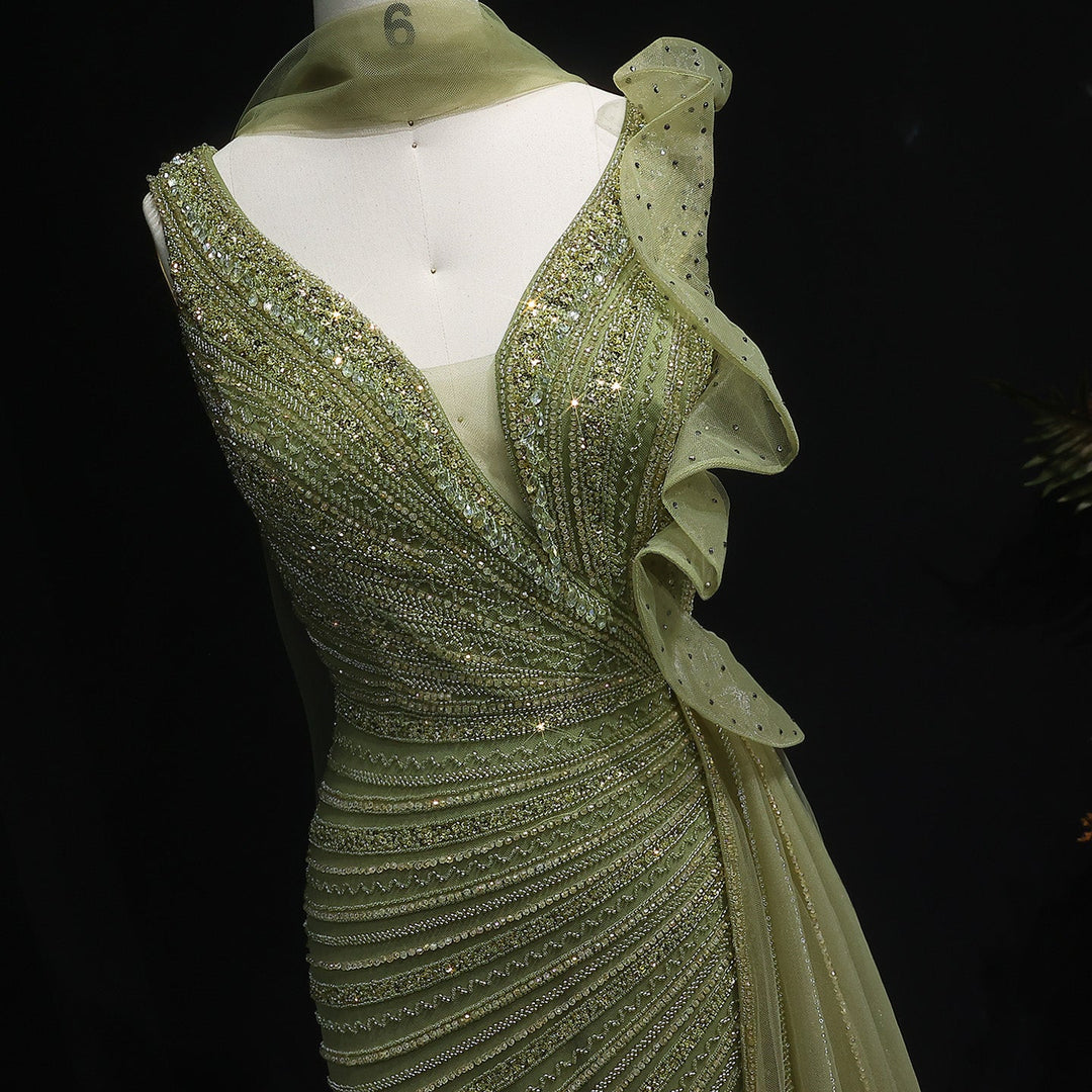 Luxury Burgundy Mermaid Evening Dress with Sparkling Beads, Scarf and Overskirt SS189