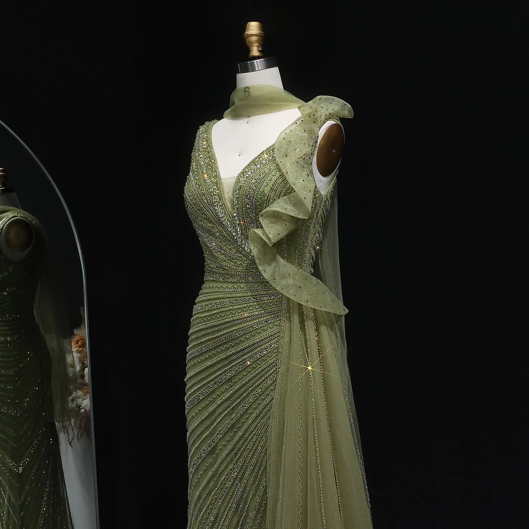 Luxury Burgundy Mermaid Evening Dress with Sparkling Beads, Scarf and Overskirt SS189