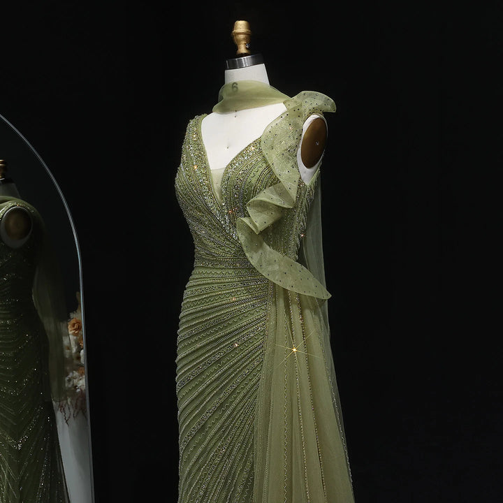 Luxury Burgundy Mermaid Evening Dress with Sparkling Beads, Scarf and Overskirt SS189