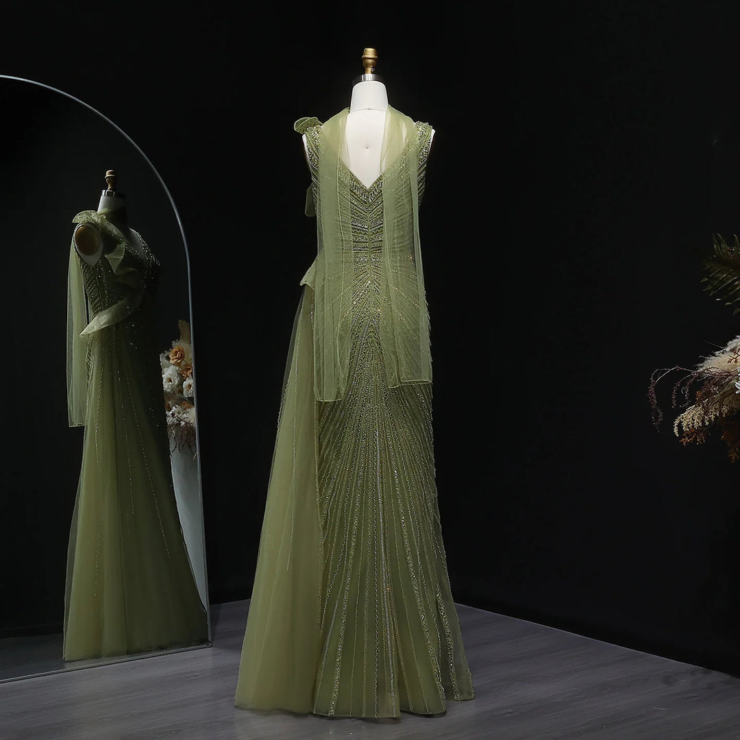 Luxury Burgundy Mermaid Evening Dress with Sparkling Beads, Scarf and Overskirt SS189