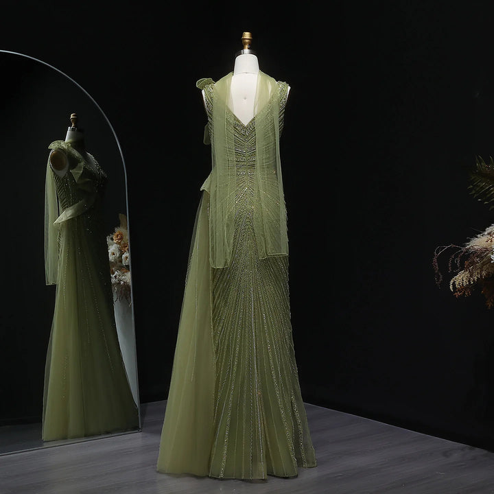 Luxury Burgundy Mermaid Evening Dress with Sparkling Beads, Scarf and Overskirt SS189