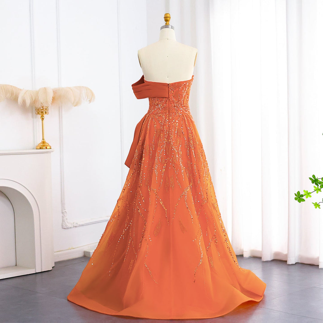 Elegant Beaded Orange Off Shoulder Evening Dress SS571 DreamyVow Elegant Beaded Orange Off Shoulder Evening Dress SS571 DreamyVow