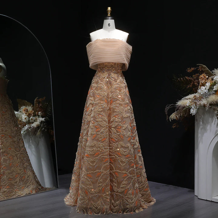 Luxury Orange Embroidered Evening Dress with Sparkling Sequins SS542