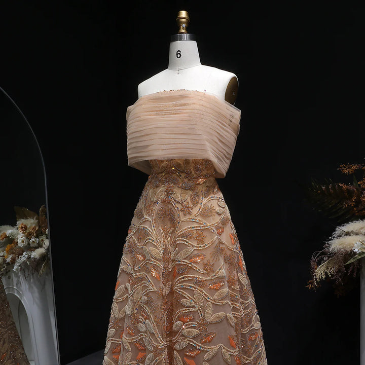 Luxury Orange Embroidered Evening Dress with Sparkling Sequins SS542