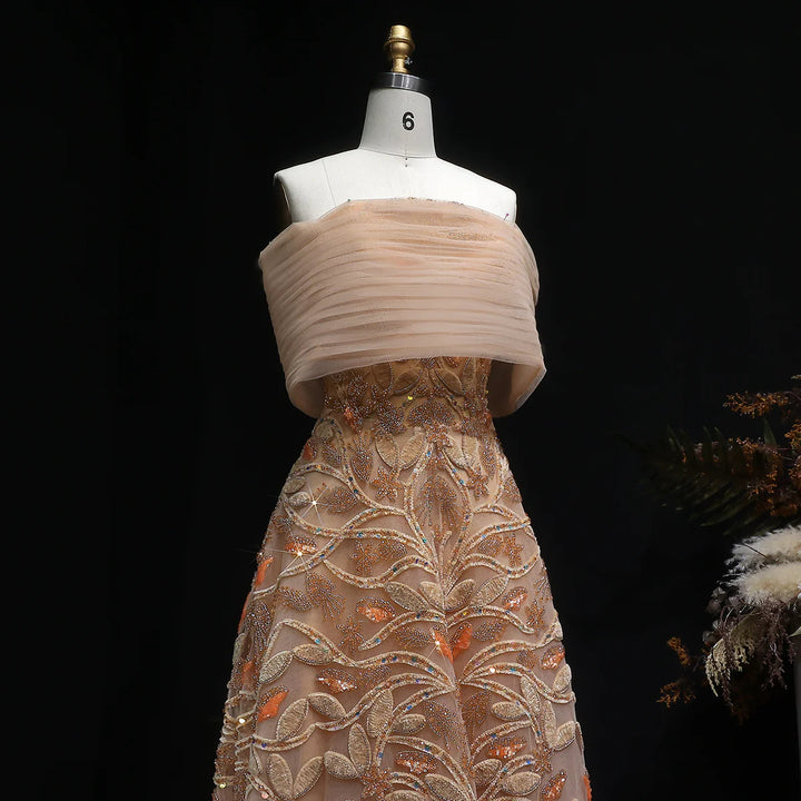 Luxury Orange Embroidered Evening Dress with Sparkling Sequins SS542