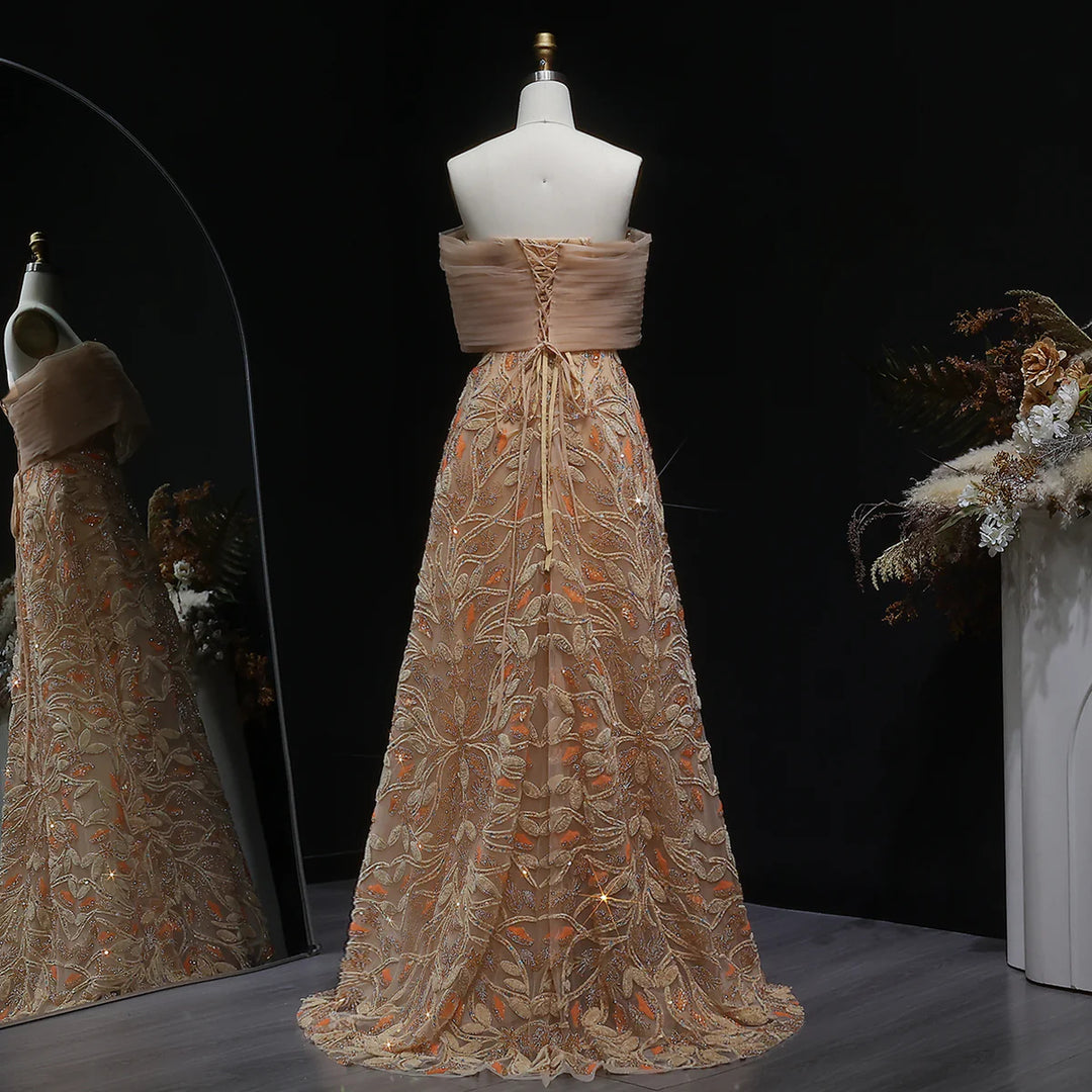 Luxury Orange Embroidered Evening Dress with Sparkling Sequins SS542