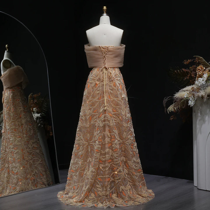 Luxury Orange Embroidered Evening Dress with Sparkling Sequins SS542