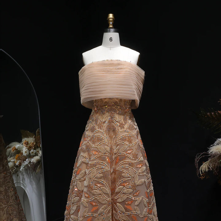 Luxury Orange Embroidered Evening Dress with Sparkling Sequins SS542