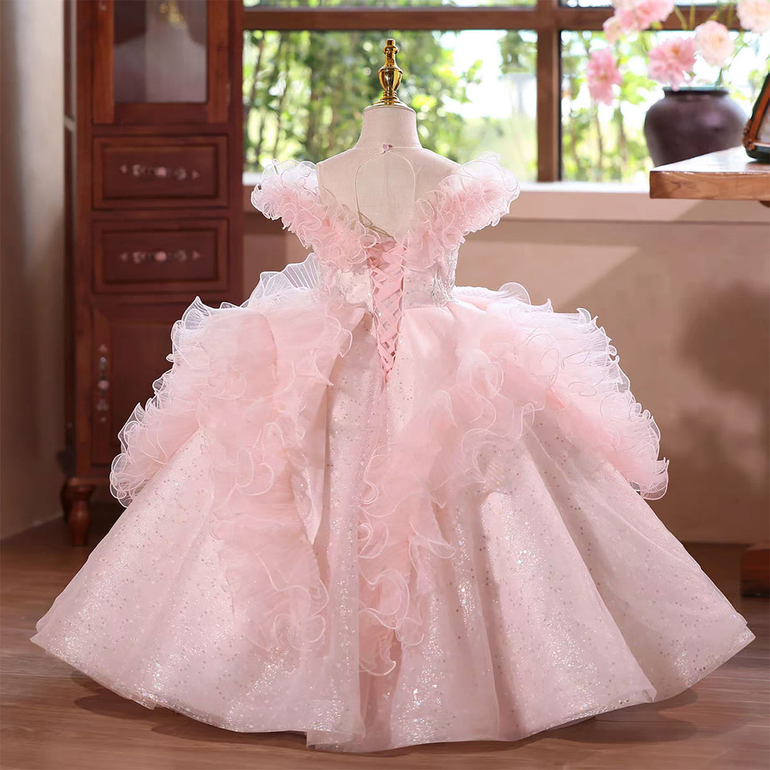 Luxury Pink Flower Girl Dress with Ruffles and Glitter Tulle D138 Pink / child-4 Luxury Pink Flower Girl Dress with Ruffles and Glitter Tulle D138 Pink / child-4