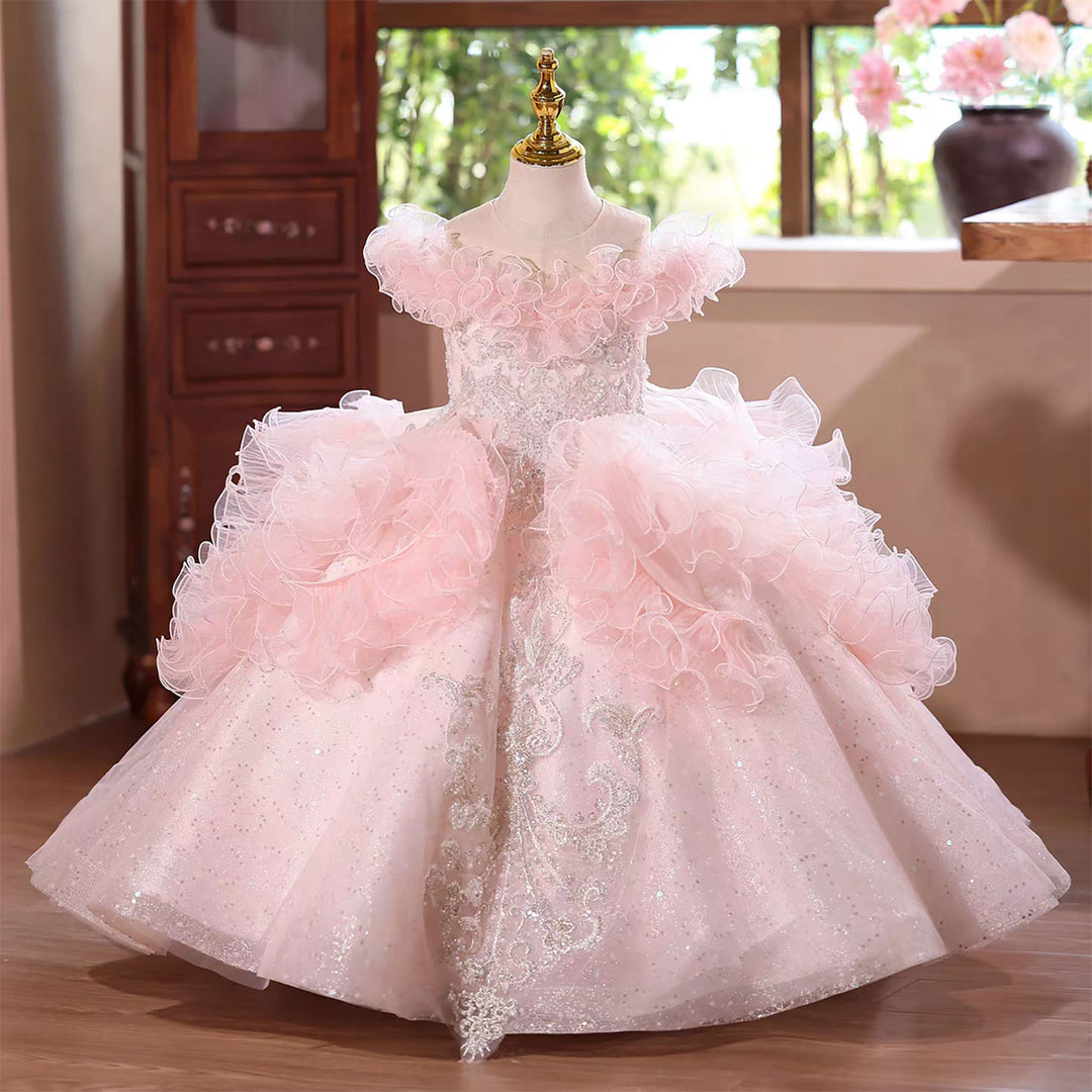 Luxury Pink Flower Girl Dress with Ruffles and Glitter Tulle D138 Pink / child-4 Luxury Pink Flower Girl Dress with Ruffles and Glitter Tulle D138 Pink / child-4