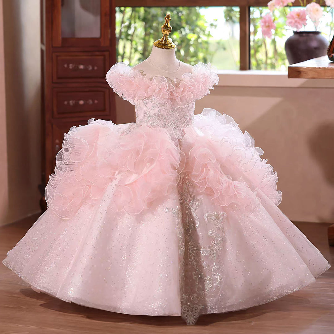Luxury Pink Flower Girl Dress with Ruffles and Glitter Tulle D138