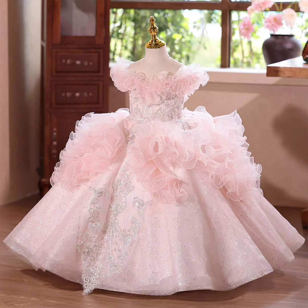 Luxury Pink Flower Girl Dress with Ruffles and Glitter Tulle D138