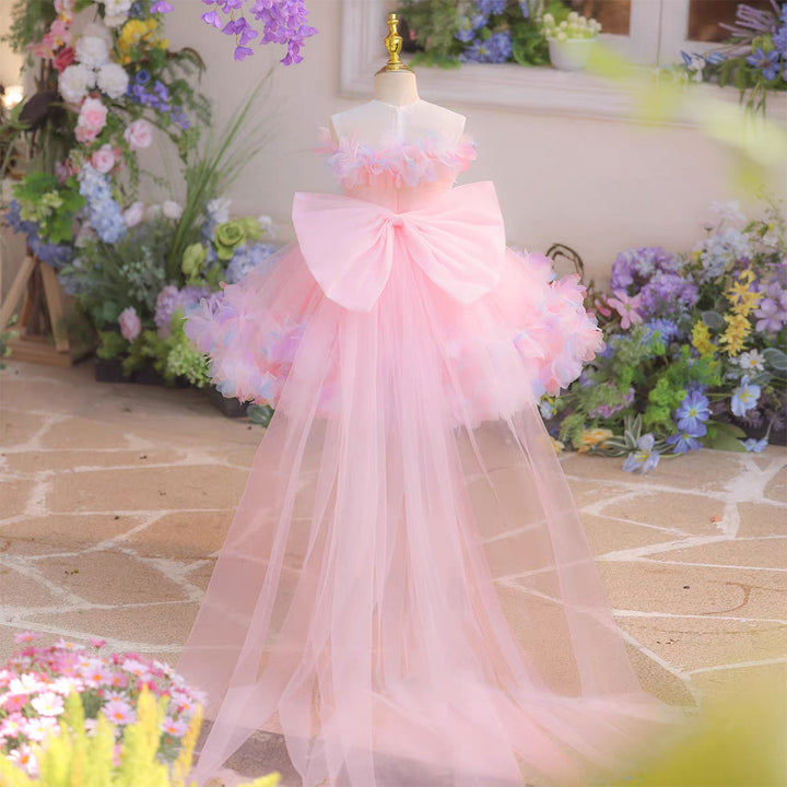 Luxury Blue Tulle 3D Flowers with Train Flower Girl Dress J877