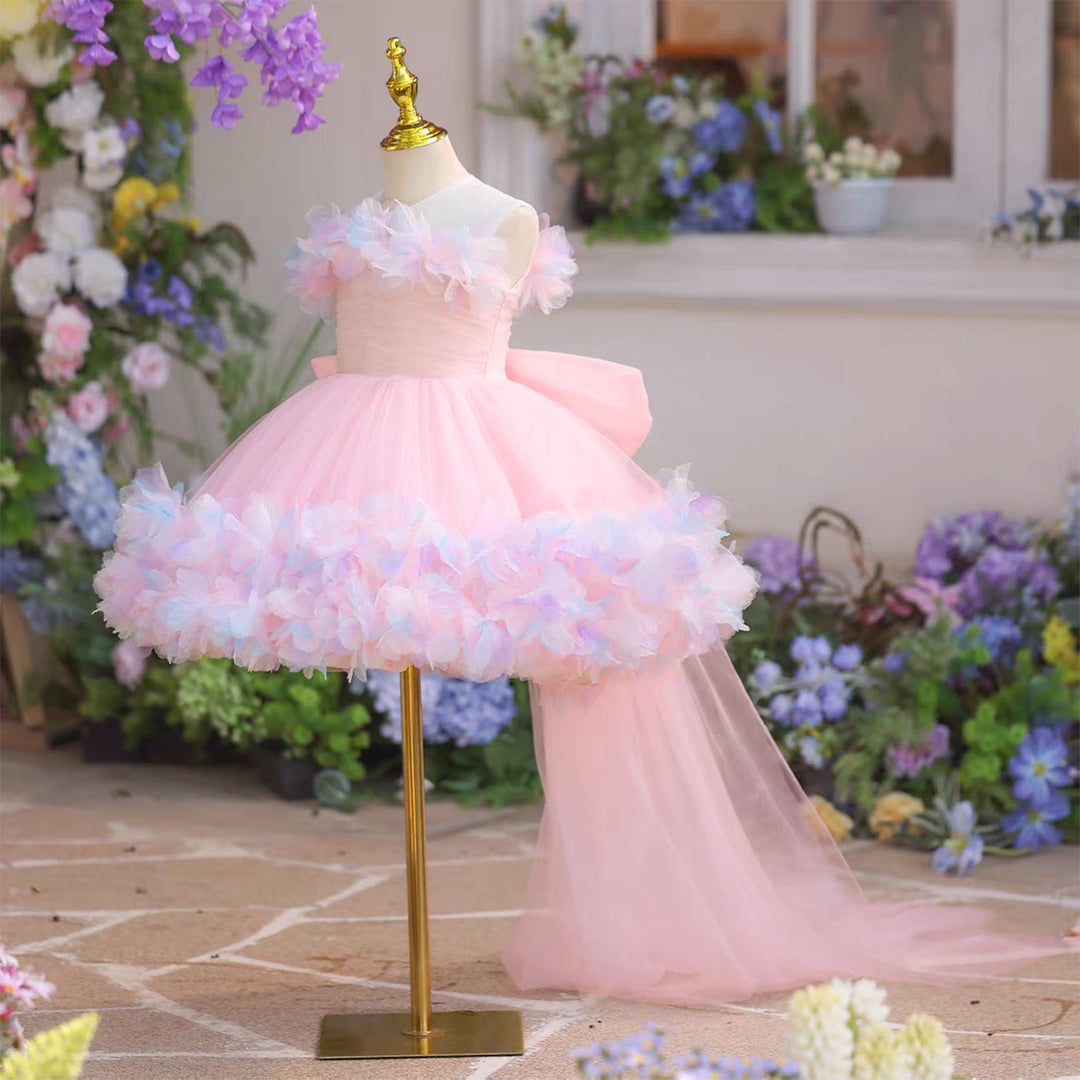 Luxury Blue Tulle 3D Flowers with Train Flower Girl Dress J877