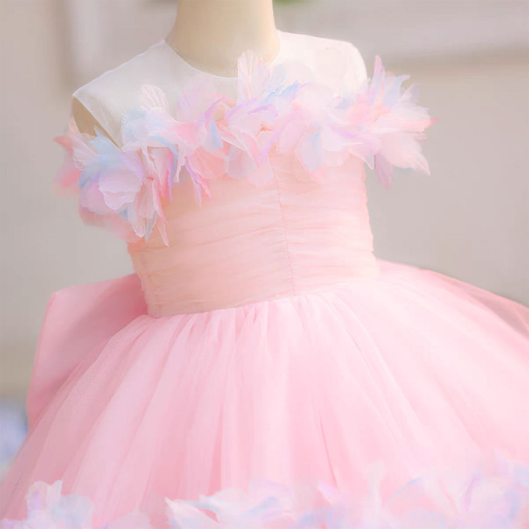 Luxury Blue Tulle 3D Flowers with Train Flower Girl Dress J877