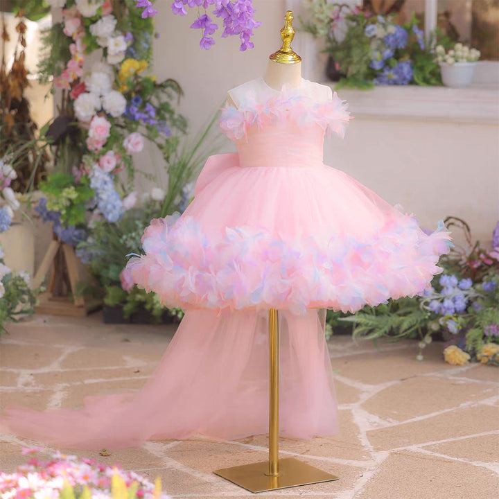 Luxury Blue Tulle 3D Flowers with Train Flower Girl Dress J877