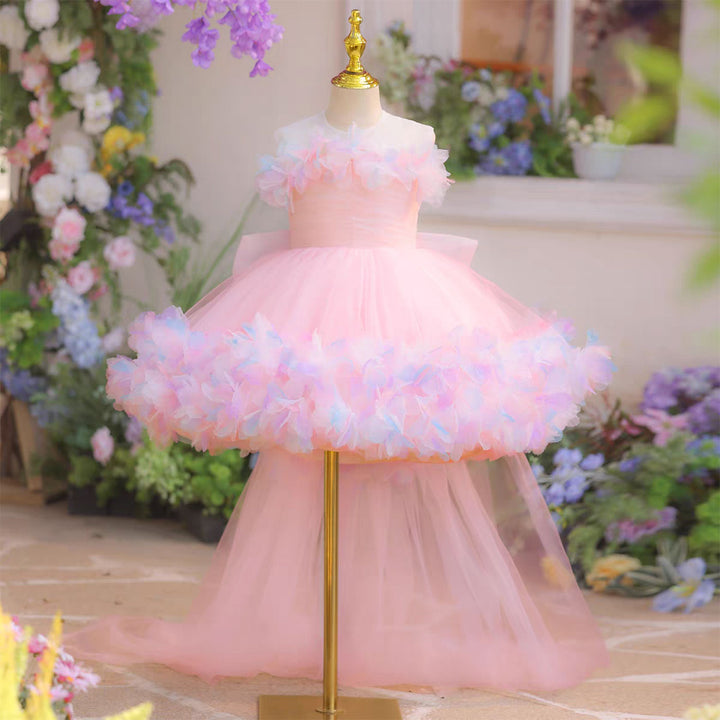 Luxury Blue Tulle 3D Flowers with Train Flower Girl Dress J877