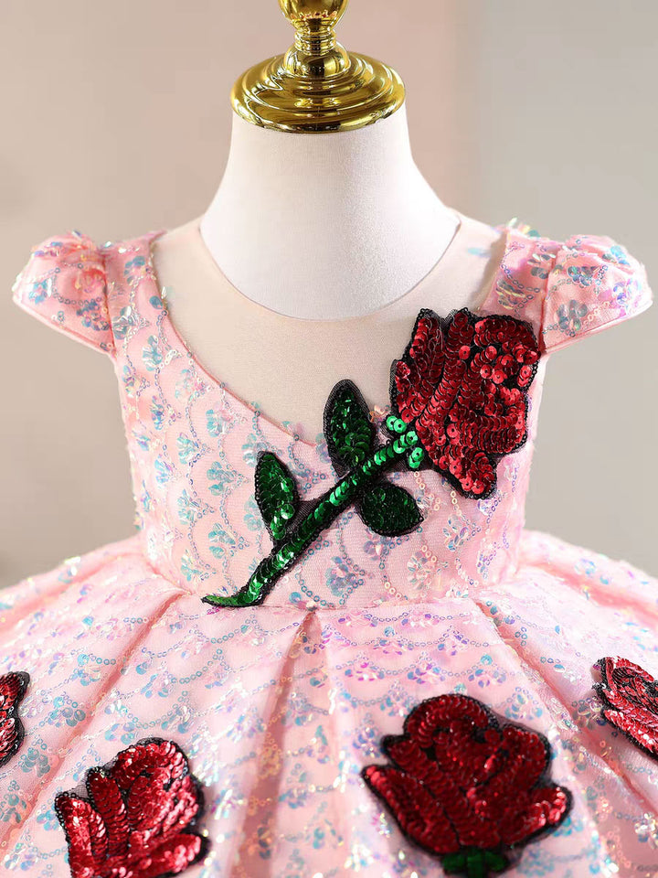 Luxury Pink Sequin Rose Pageant Birthday Flower Girls Dress J874