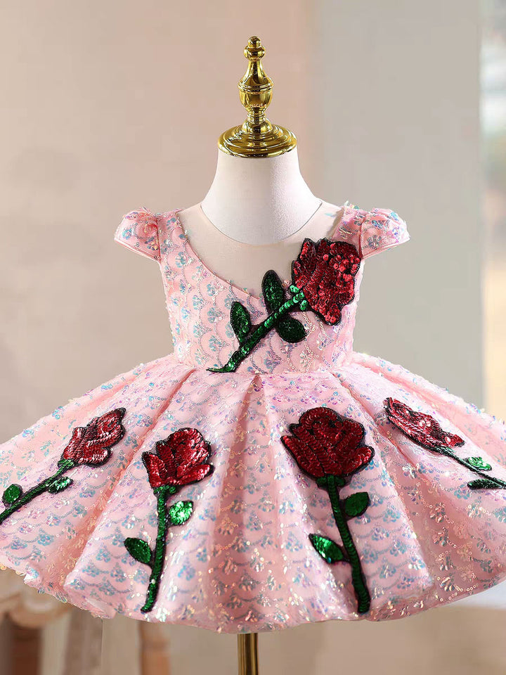 Luxury Pink Sequin Rose Pageant Birthday Flower Girls Dress J874