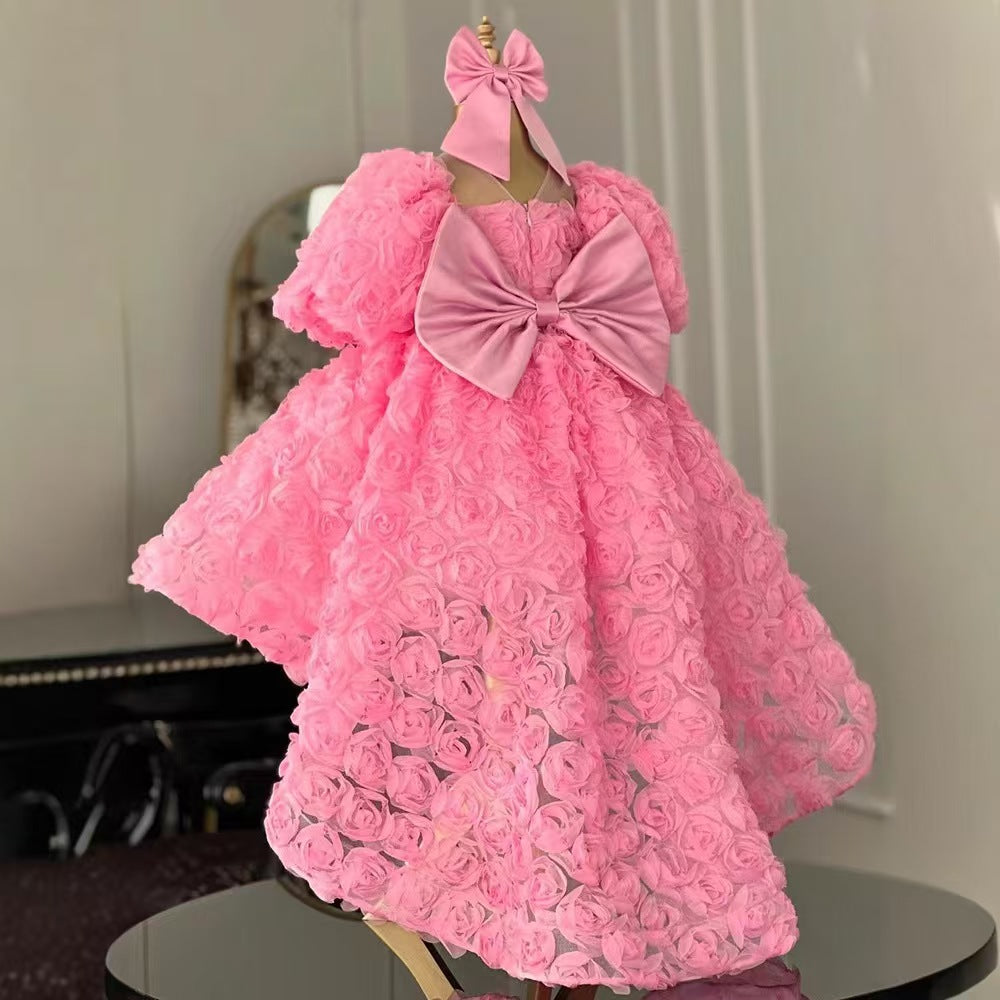 Luxury Pink 3D Floral High-Low Flower Girl Dress Princess Birthday Party Gown M026
