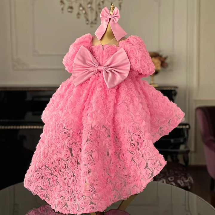 Luxury Pink 3D Floral High-Low Flower Girl Dress Princess Birthday Party Gown M026