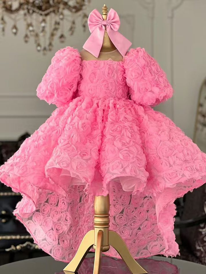 Luxury Pink 3D Floral High-Low Flower Girl Dress Princess Birthday Party Gown M026