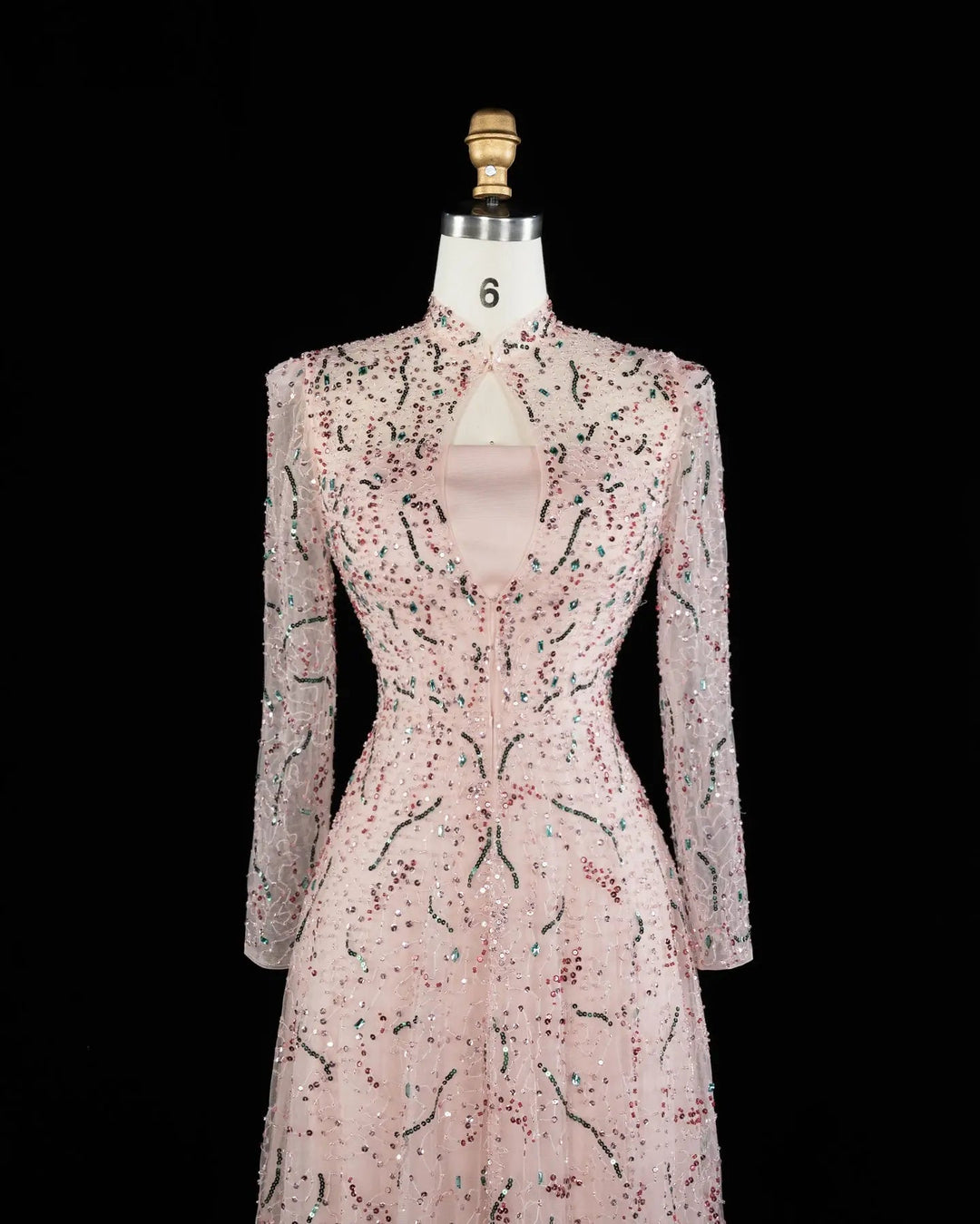 Luxury Gold High Neck Long Sleeve Beaded A-Line Evening Dress  XD020